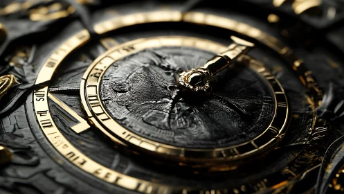 Gilded mechanical clock dial in extreme macro detail.