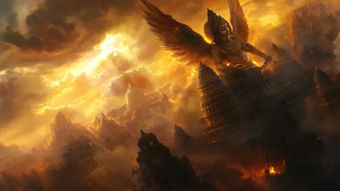 Winged mythic guardian above burning temple megastructures