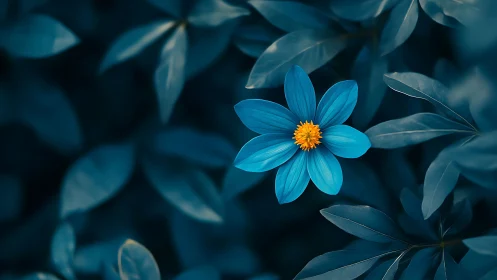 Blue cosmos flower with golden center stands in sharp focus amid blurred foliage