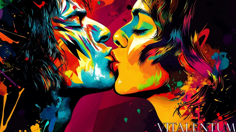 Chromatic vector portrait of two lovers in kinetic kiss.