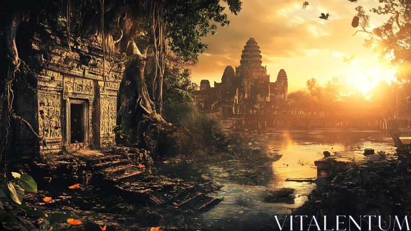 Ancient jungle temple ruins glow under golden sunset light.