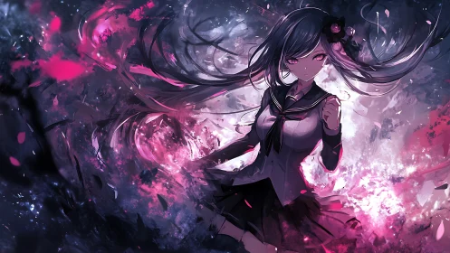 Dark magical schoolgirl commands swirling neon chaos.