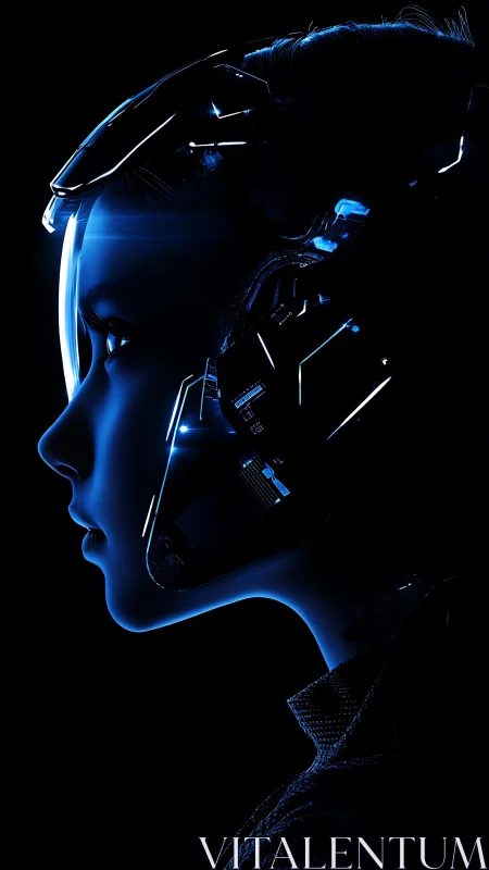 Side profile of blue lit futuristic female cyborg head.