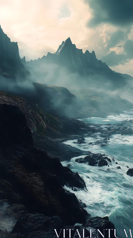 Storm-kissed cliffs cradle misty mountains and wild surf.