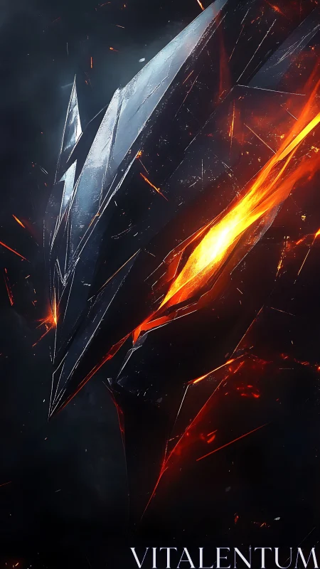 Metallic angular mask encloses molten fiery core vertically