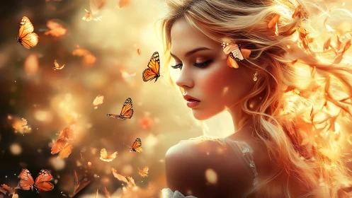 Ethereal blonde muse amid luminous monarch butterflies.