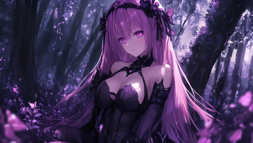 Nocturnal forest maiden in violet ethereal glow.