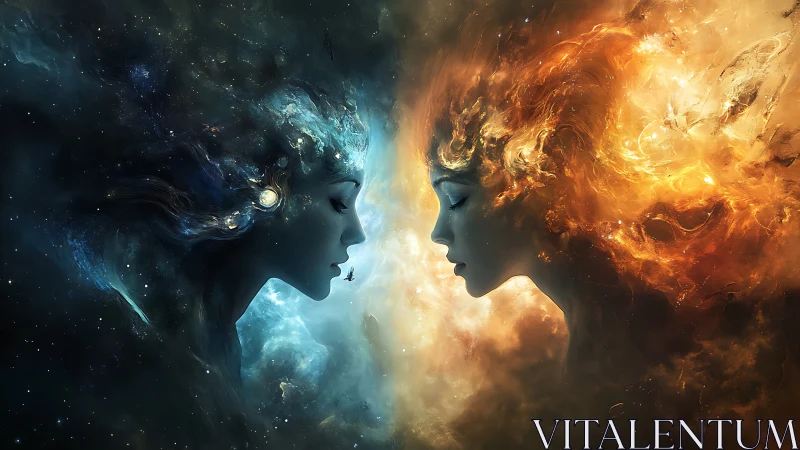 Cosmic twin goddesses embody luminous fire and shadowed ice