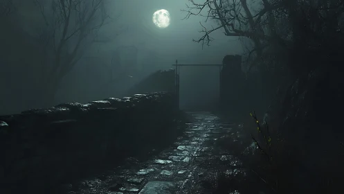 Moonlit stone path through mist with trees and gateway.