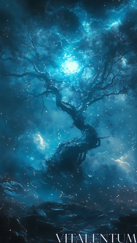 Luminescent astral tree in stormlit spectral landscape.