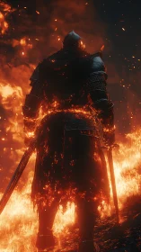 Flaming armored warrior strides through a blazing inferno.