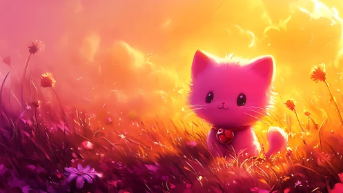 Bright pink cat sitting in glowing flower field at sunset