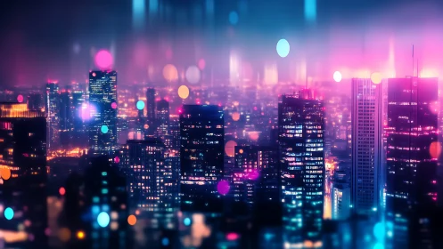 City skyline is rendered with neon bokeh and diffuse haze