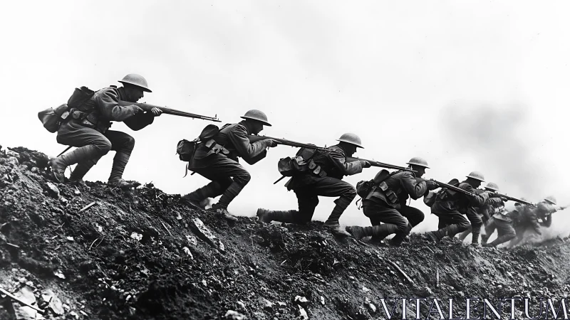World War I infantry assault line advancing over muddy ridge