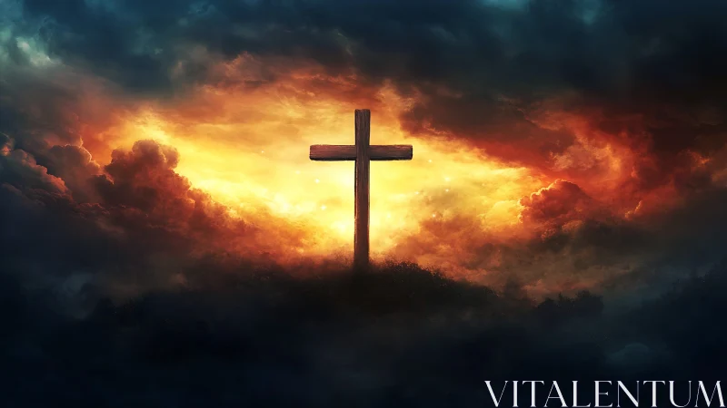 Digital painting of illuminated wooden cross in storm-lit sky.