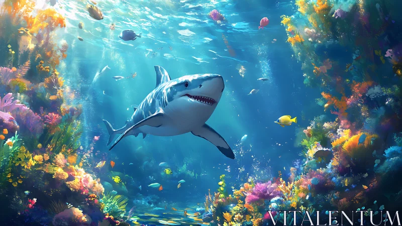 Shark swimming through dense coral reef in clear daylight.