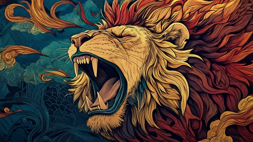 Roaring sun-maned lion ignites a storm of swirling color.
