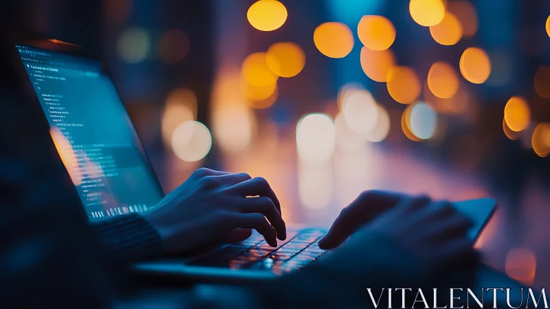 Midnight coder composes glowing logic beneath city bokeh