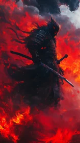 Flaming demon samurai warrior rising through inferno storm.
