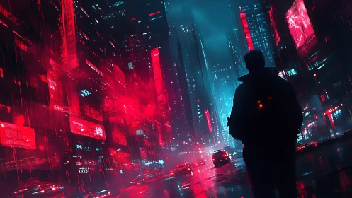 Neon wanderer crossing a rain-soaked cyberpunk avenue.