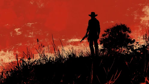 Silhouetted armed figure on ridge against red textured sky.