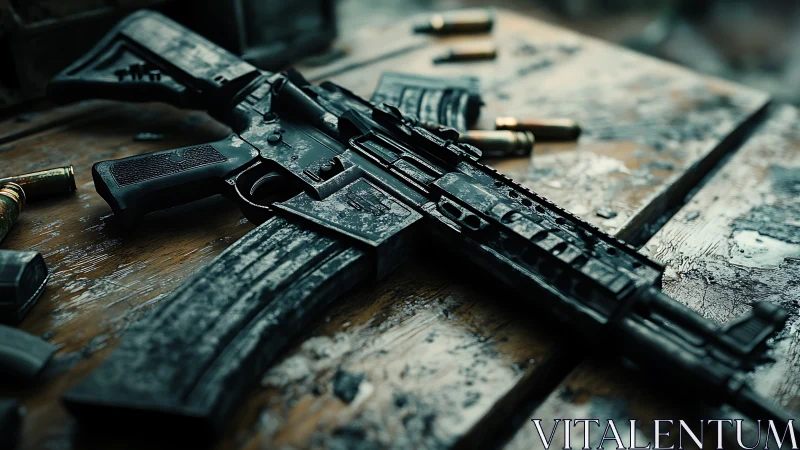 Wet tactical rifle and loose cartridges on worn wooden table
