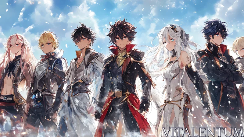 Heroic anime ensemble under bright drifting skies.