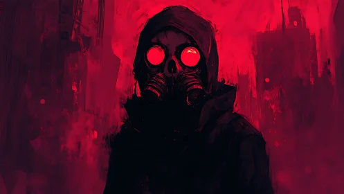 Mysterious gas mask wanderer in glowing crimson fog.