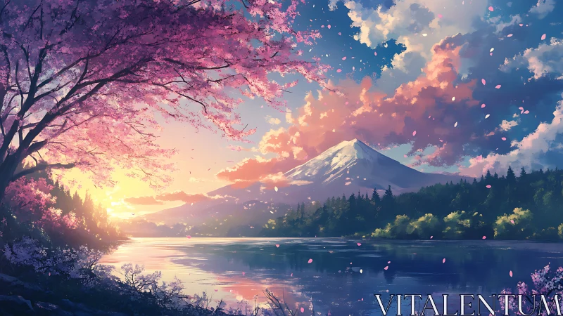 Sunlit cherry blossoms frame a snow-capped mountain vista