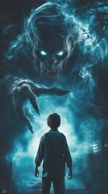 Boy confronts ghoststorm giant in neon midnight fog portal.