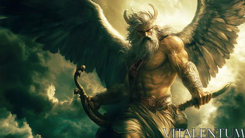 Winged war god emerges from stormlit celestial clouds.