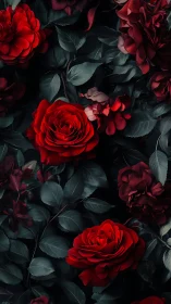 Architectural Rose Composition: Layered Crimson Petals Against Deep Tonal Foliage.