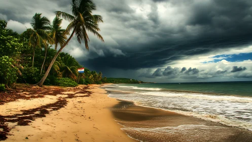 Photorealistic tropical shoreline under dramatic storm front.