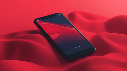 Smartphone on red sculpted fabric with abstract display graphic.