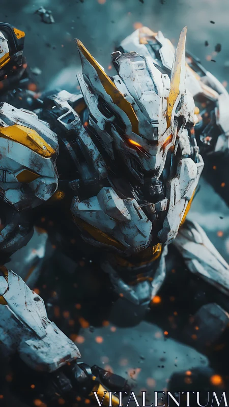 Armored mech warrior emerges from battle in blazing light