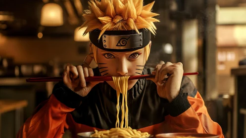 Cosplay ninja enjoys steaming ramen in warm-lit diner