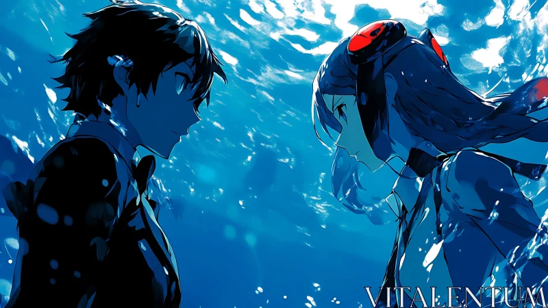 Two submerged silhouettes trade silent vows in sapphire water