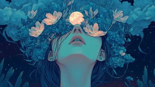 Moonlit woman merges with blooming night sky dreamscape