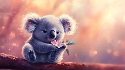 Cute baby koala holding flowers on a soft glowing branch.