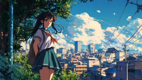 Schoolgirl overlooking bright urban cityscape at noon.