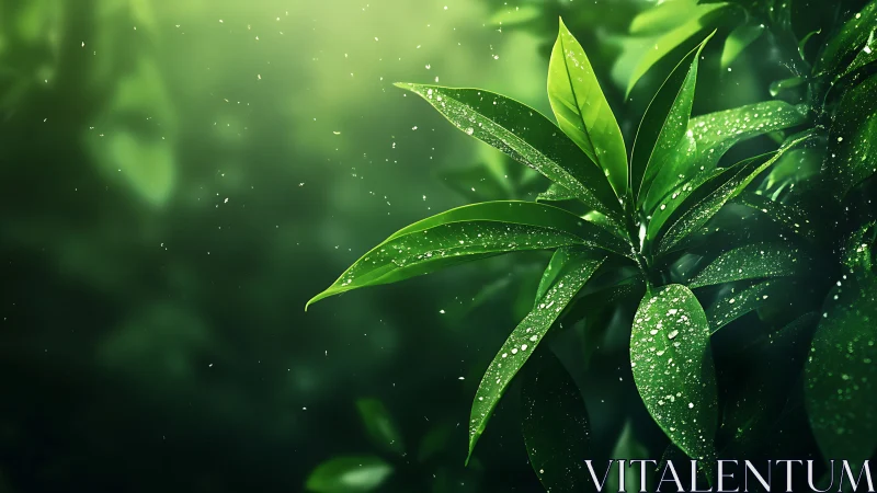 Digital botanical study of dew-covered foliage in soft bokeh light.