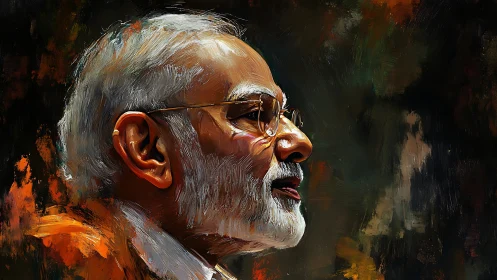 Expressive elder male profile in textured oil portrait.