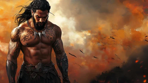 Tattooed warrior stands before burning storm sky