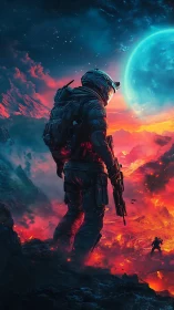 Lone space soldier over burning alien battlefield at dusk.
