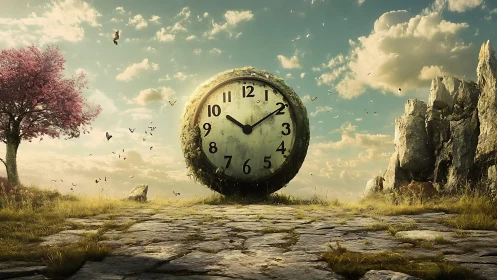 Giant mossy clock rests in a dreamlike open landscape.