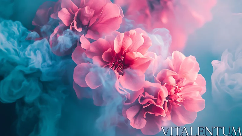 Blush petal clouds drifting through teal dreamsmoke.