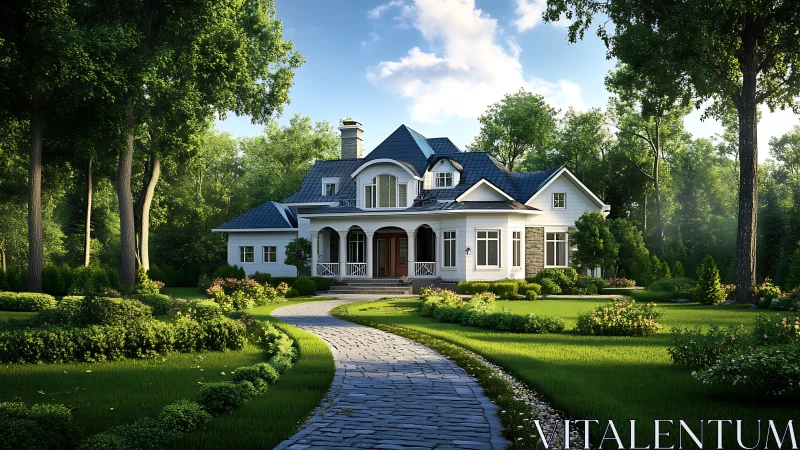 Country estate home anchors lush landscaped woodland garden.