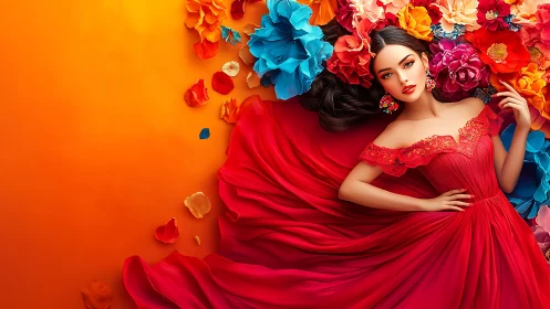 Vibrant digital portrait uniting red gown and floral cascade