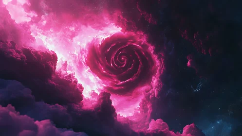 Pink nebula vortex spirals inward within dark outer space