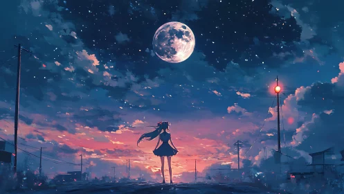 Silhouetted anime girl studies lunar sky over neon dusk horizon